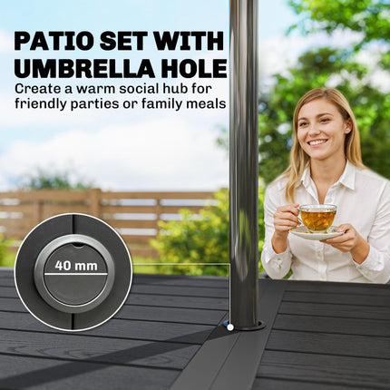 Garden Dining Set for 6, Faux Wood Metal Outdoor Table and Stackable Chairs with Plastic Rattan Effect Seat, Black