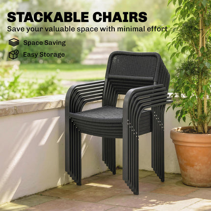 Garden Dining Set for 6, Faux Wood Metal Outdoor Table and Stackable Chairs with Plastic Rattan Effect Seat, Black