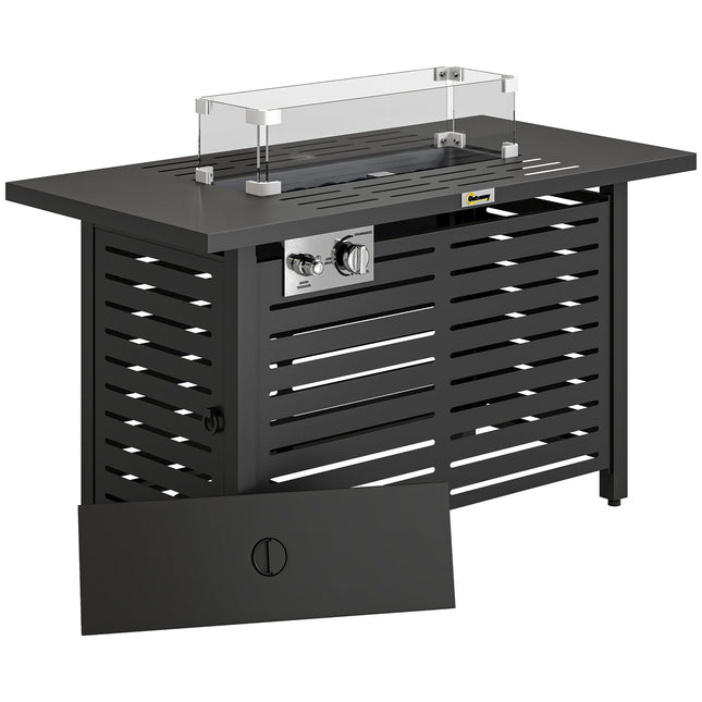 Propane Gas Fire Pit Table, Outdoor Firepit with 43" Steel Tabletop and Lid, 50,000 BTU Pulse Ignition Fire Table w/ Stainless Steel Burner, Glass Wind Guard, and Cover