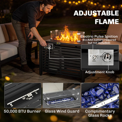 Propane Gas Fire Pit Table, Outdoor Firepit with 43" Steel Tabletop and Lid, 50,000 BTU Pulse Ignition Fire Table w/ Stainless Steel Burner, Glass Wind Guard, and Cover