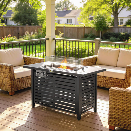 Propane Gas Fire Pit Table, Outdoor Firepit with 43" Steel Tabletop and Lid, 50,000 BTU Pulse Ignition Fire Table w/ Stainless Steel Burner, Glass Wind Guard, and Cover