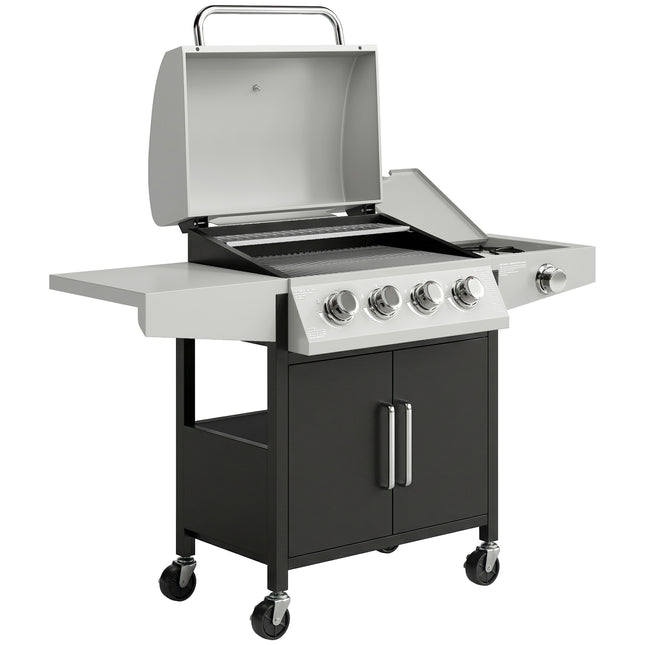 4+1 Burner Gas BBQ Grill with Side Burner, 14.5 kW Steel Portable Gas Barbecue Grill with Built-in Thermometer, Lid