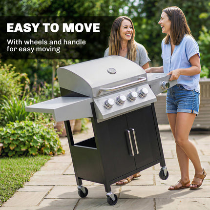 4+1 Burner Gas BBQ Grill with Side Burner, 14.5 kW Steel Portable Gas Barbecue Grill with Built-in Thermometer, Lid