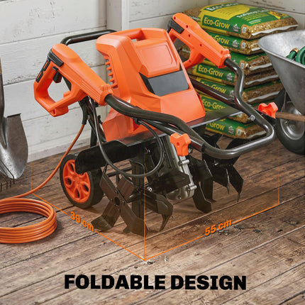 1500W Electric Garden Tiller w/Foldable Handle, 40cm Working Width, 20cm Tilling Depth, 6 Blades, 2 Adjustable Wheels