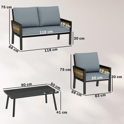4 Seater Rattan Garden Furniture Set with 2 Armchairs, Loveseat, Coffee Table, Garden Sofa Set with Cushions, Grey