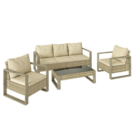Rattan Garden Set, 4 Piece Rattan Garden Furniture Set with 3-Seater Sofa, Armchairs, Table, Aluminium Frame Patio Furniture, Khaki