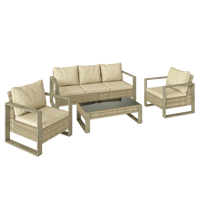 Rattan Garden Set, 4 Piece Rattan Garden Furniture Set with 3-Seater Sofa, Armchairs, Table, Aluminium Frame Patio Furniture, Khaki