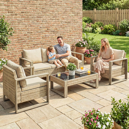 Rattan Garden Set, 4 Piece Rattan Garden Furniture Set with 3-Seater Sofa, Armchairs, Table, Aluminium Frame Patio Furniture, Khaki