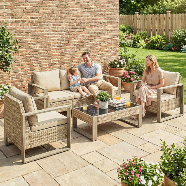 Rattan Garden Set, 4 Piece Rattan Garden Furniture Set with 3-Seater Sofa, Armchairs, Table, Aluminium Frame Patio Furniture, Khaki
