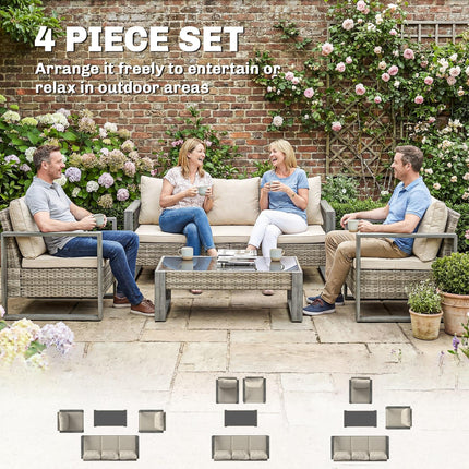 Rattan Garden Set, 4 Piece Rattan Garden Furniture Set with 3-Seater Sofa, Armchairs, Table, Aluminium Frame Patio Furniture, Khaki