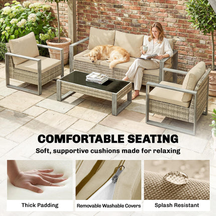 Rattan Garden Set, 4 Piece Rattan Garden Furniture Set with 3-Seater Sofa, Armchairs, Table, Aluminium Frame Patio Furniture, Khaki