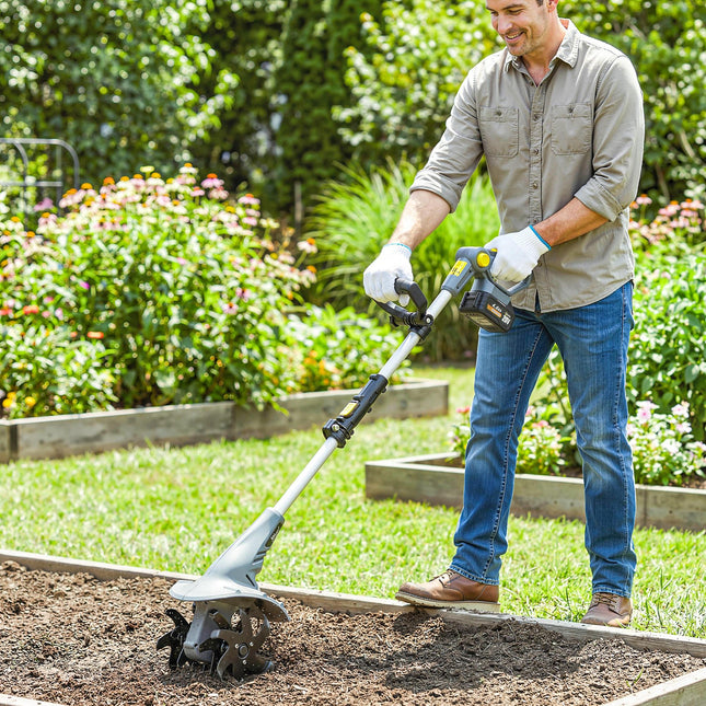 Cordless Tiller, 18V Electric Garden Rotavator with 2 x 4000mAh Batteries, Charger, 20cm Tilling Width & 18cm Depth
