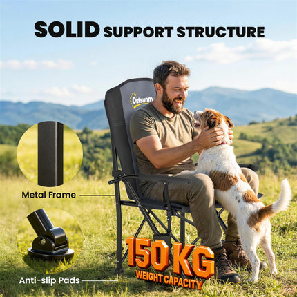 Padded Camping Chair Adults Heavy Duty Folding Chair Side Pocket Cup Holder Carry Bag Outdoor Black