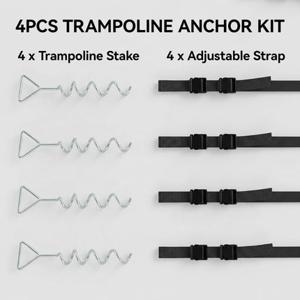 4Pcs Trampoline Anchor Kit, 32 cm Galvanised Trampoline Stakes, Spiral Ground Anchors with Triangle Head, Straps