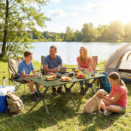 4ft Folding Camping Table, Waterproof Picnic Table with Roll Up Top and Metal Frame, Green