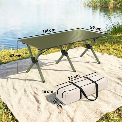 4ft Folding Camping Table, Waterproof Picnic Table with Roll Up Top and Metal Frame, Green