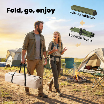 4ft Folding Camping Table, Waterproof Picnic Table with Roll Up Top and Metal Frame, Green