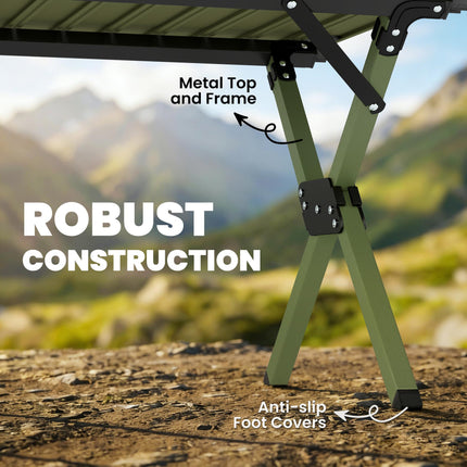4ft Folding Camping Table, Waterproof Picnic Table with Roll Up Top and Metal Frame, Green