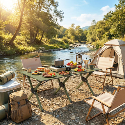4ft Folding Camping Table, Waterproof Picnic Table with Roll Up Top and Metal Frame, Green