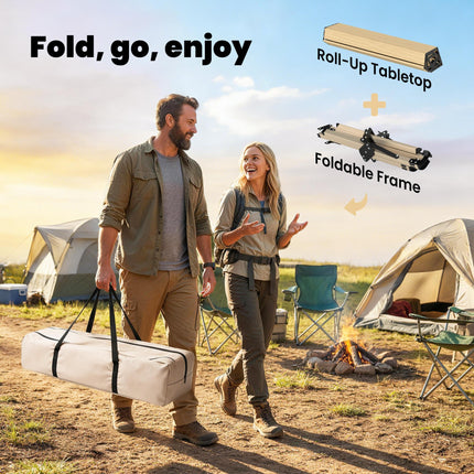 4ft Folding Camping Table, Waterproof Picnic Table with Roll Up Top and Metal Frame, Dark Brown