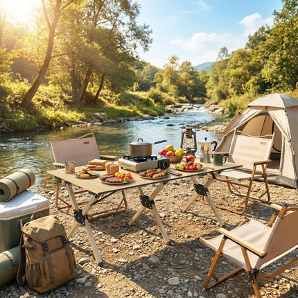 4ft Folding Camping Table, Waterproof Picnic Table with Roll Up Top and Metal Frame, Dark Brown