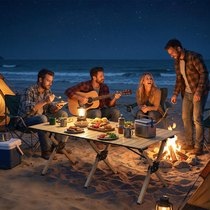 4ft Folding Camping Table, Waterproof Picnic Table with Roll Up Top and Metal Frame, Dark Brown