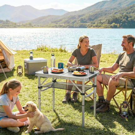 2ft Folding Camping Table, Picnic Table with Mesh Storage Layer, 4 Adjustable He