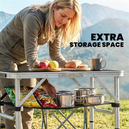 2ft Folding Camping Table, Picnic Table with Mesh Storage Layer, 4 Adjustable He