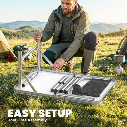 2ft Folding Camping Table, Picnic Table with Mesh Storage Layer, 4 Adjustable He