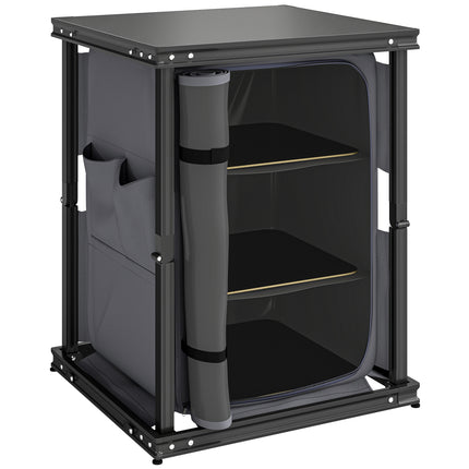Camping Camping Cupboards, Folding Portable Kitchen Table with 3-Tier Storage, Black