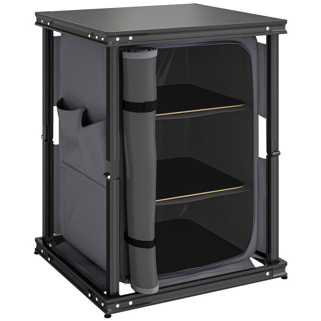 Camping Camping Cupboards, Folding Portable Kitchen Table with 3-Tier Storage, Black