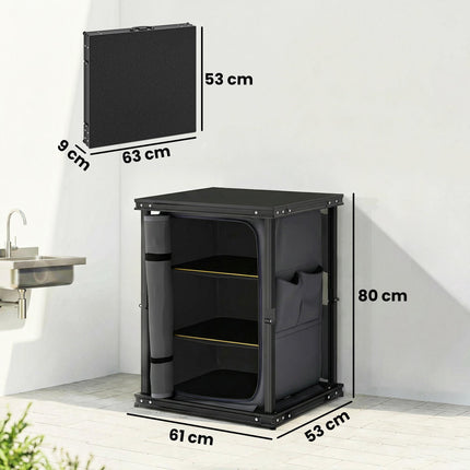 Camping Camping Cupboards, Folding Portable Kitchen Table with 3-Tier Storage, Black