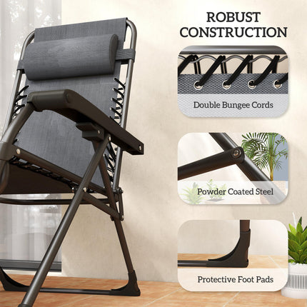 Zero Gravity Chairs Set of 2, Folding Sunloungers Reclining Garden Chairs with Cup Holder, Headrest, Dark Grey