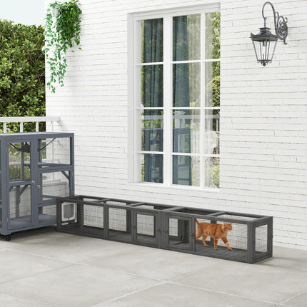 Cat Tunnel, 250cm Extra Long Wooden Cat Play Tunnel with 8 Doors, L-shape/Rectan