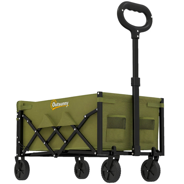 60L Foldable Festival Trolley on Wheels, Collapsible Wagon Cart with Drop-Down Tailgate, Adjustable Handle, Green