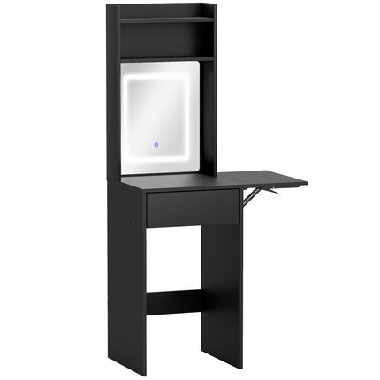 Small Vanity Desk with Mirror and LED Lights, Compact Dressing Table with Drop Leaf, Open Shelves and Drawer, Black