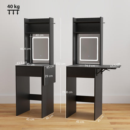 Small Vanity Desk with Mirror and LED Lights, Compact Dressing Table with Drop Leaf, Open Shelves and Drawer, Black