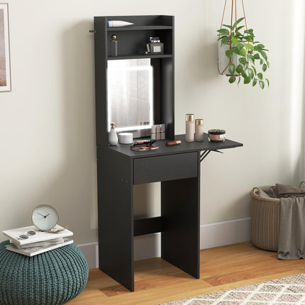 Small Vanity Desk with Mirror and LED Lights, Compact Dressing Table with Drop Leaf, Open Shelves and Drawer, Black