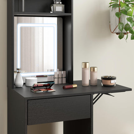 Small Vanity Desk with Mirror and LED Lights, Compact Dressing Table with Drop Leaf, Open Shelves and Drawer, Black