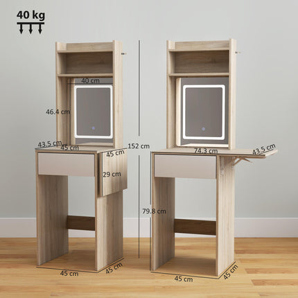 Small Vanity Desk with Mirror and LED Lights, Compact Dressing Table with Drop Leaf, Open Shelves, Natural Wood