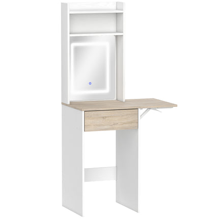 Small Vanity Desk with Mirror and LED Lights, Compact Dressing Table with Drop L
