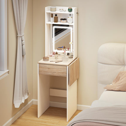 Small Vanity Desk with Mirror and LED Lights, Compact Dressing Table with Drop L