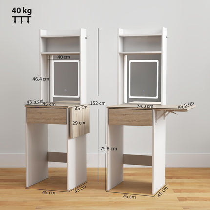 Small Vanity Desk with Mirror and LED Lights, Compact Dressing Table with Drop L