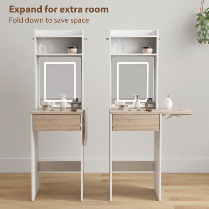 Small Vanity Desk with Mirror and LED Lights, Compact Dressing Table with Drop L