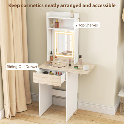 Small Vanity Desk with Mirror and LED Lights, Compact Dressing Table with Drop L
