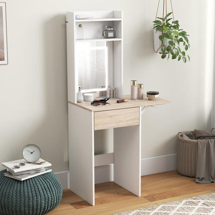 Small Vanity Desk with Mirror and LED Lights, Compact Dressing Table with Drop L
