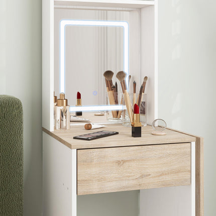Small Vanity Desk with Mirror and LED Lights, Compact Dressing Table with Drop L