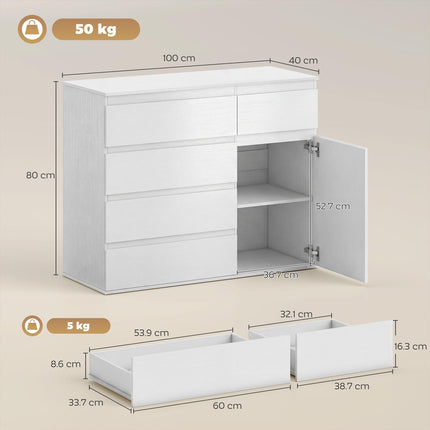 Modern Chest Of Drawers, 5 Drawer Dresser with Adjustable Shelf, Soft-Close Door, White