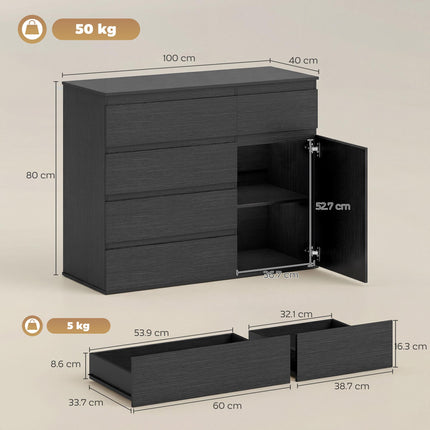 Modern Chest Of Drawers, 5 Drawer Dresser with Adjustable Shelf, Soft-Close Door, Black