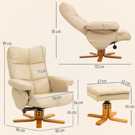 PU Leather Swivel Recliner Chair with Footstool, Wooden Base and Storage for Living Room, Beige